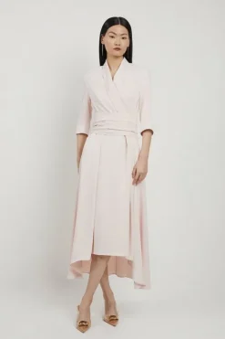 Karen Millen Satin Back Crepe Wrap Tie High Low Maxi Dress blush Clearance