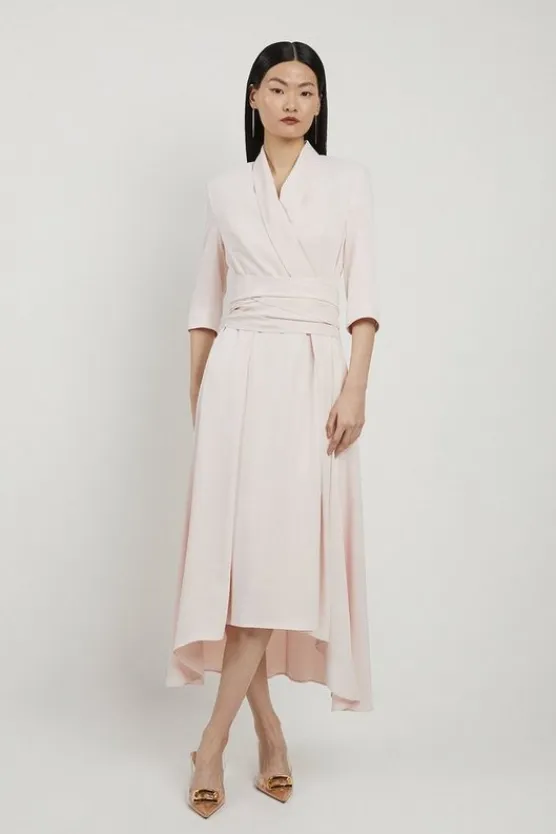 Karen Millen Satin Back Crepe Wrap Tie High Low Maxi Dress blush Clearance