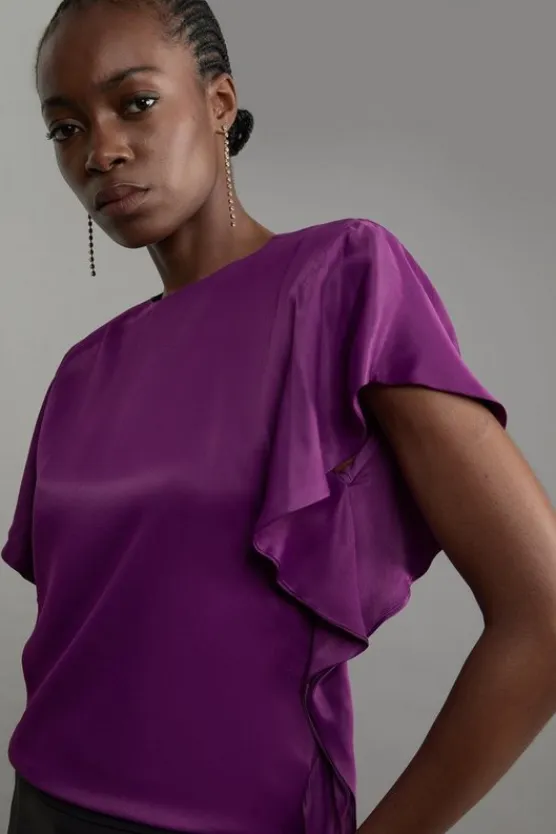 Karen Millen Satin Draped Sleeve Woven Top purple New