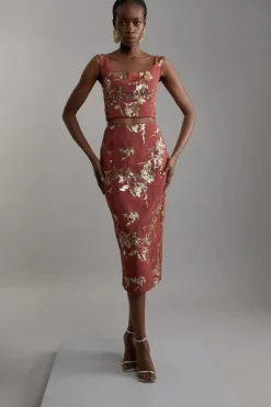Karen Millen Satin Sequin And Embroidery Woven rust Hot