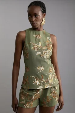 Karen Millen Satin Sequin And Embroidery Woven Trouser Set khaki Best
