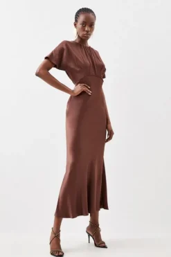 Karen Millen Satin Woven Crepe Midi Dress chocolate Hot