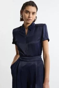 Karen Millen Satin Zip Front Woven Polo Top navy Discount