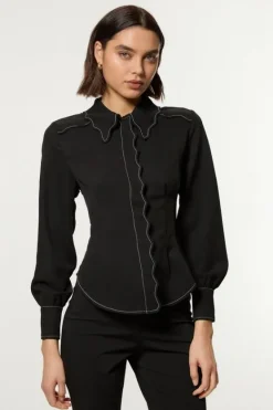 Karen Millen Scallop Trim Woven Crepe Blouse black New