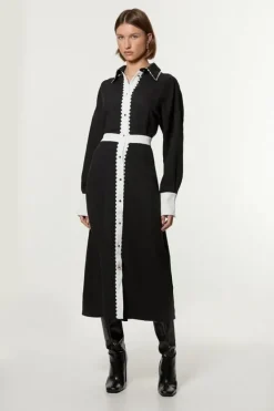 Karen Millen Scallop Trim Woven Crepe Shirt Dress mono Sale