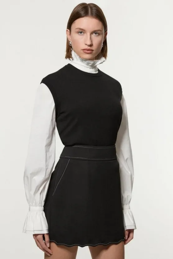 Karen Millen Scallop Trim Woven Crepe Skirt black New