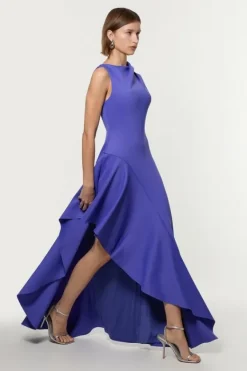 Karen Millen Scuba Drama Ruffle Hem Woven Maxi Dress cobalt New