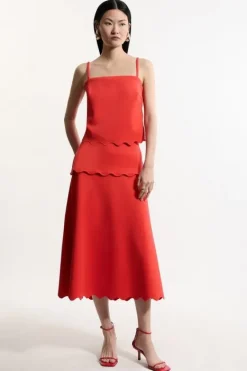 Karen Millen Scuba Scallop Hem Woven Midi Skirt red Sale