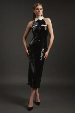 Karen Millen Sequin And Viscose Satin Collar Detail Midaxi Dress black Best