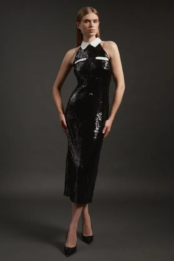 Karen Millen Sequin And Viscose Satin Collar Detail Midaxi Dress black Best