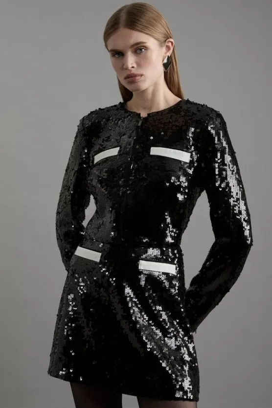Karen Millen Sequin And Viscose Satin Jacket & Skirt Set black Best