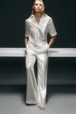Karen Millen Sequin Collard Woven Tunic Co-Ord silver Clearance