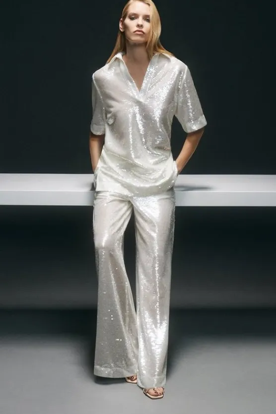 Karen Millen Sequin Collard Woven Tunic Co-Ord silver Clearance