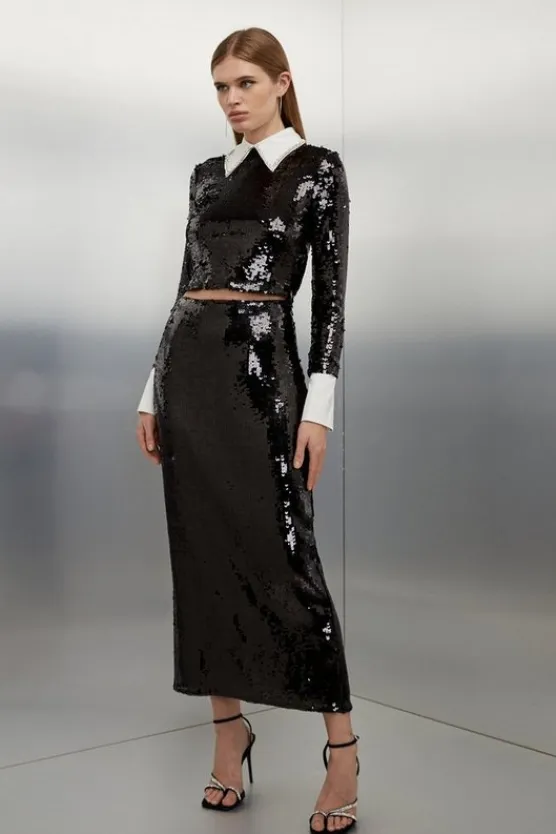 Karen Millen Sequin Front Split Woven Midi Skirt black Best