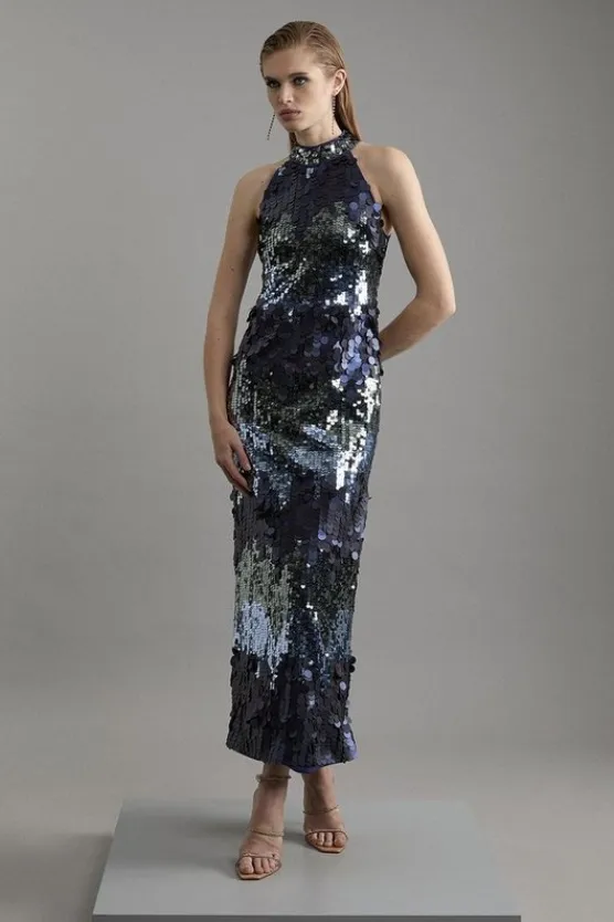 Karen Millen Sequin Halter Maxi Dress navy Clearance