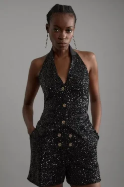 Karen Millen Sequin Halter Neck Vest black Discount