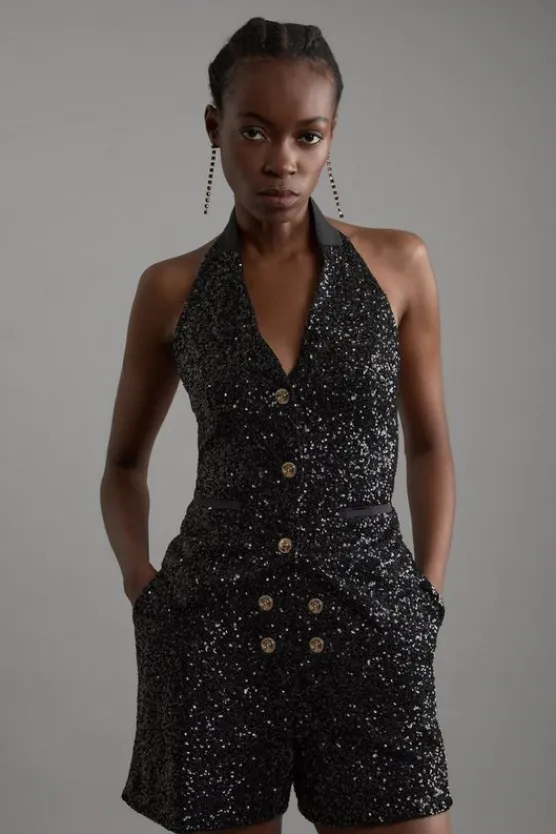 Karen Millen Sequin Halter Neck Vest black Discount
