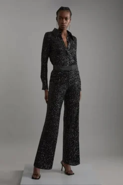 Karen Millen Sequin High Waisted Wide Leg Pants black New