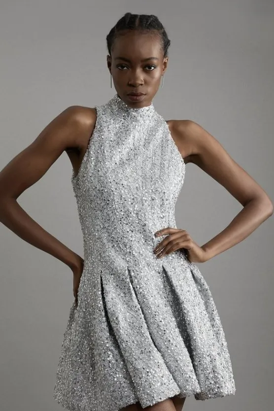 Karen Millen Sequin Metallic Boucle Halter Full Skirt Tailored Mini Dress silver Best