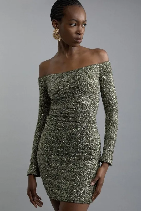 Karen Millen Sequin Off The Shoulder Mini Dress khaki Online