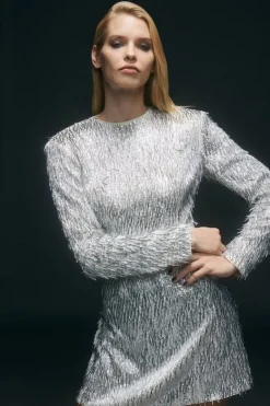 Karen Millen Sequin Strong Shoulder Cut Out Back Woven Mini Dress silver Best