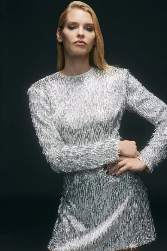 Karen Millen Sequin Strong Shoulder Cut Out Back Woven Mini Dress silver Best
