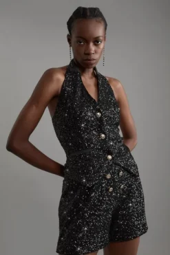 Karen Millen Sequin Tailored Mini Shorts black Fashion