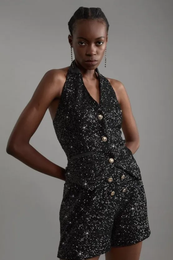 Karen Millen Sequin Tailored Mini Shorts black Fashion