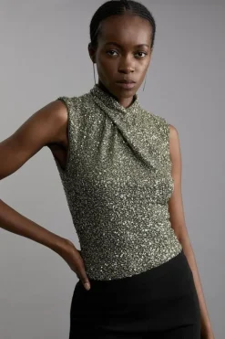 Karen Millen Sequin Twist Front Sleeveless Top khaki Best