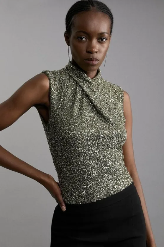 Karen Millen Sequin Twist Front Sleeveless Top khaki Best