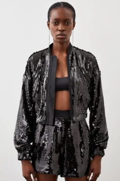 Karen Millen Sequin Woven Bomber Jacket black Fashion