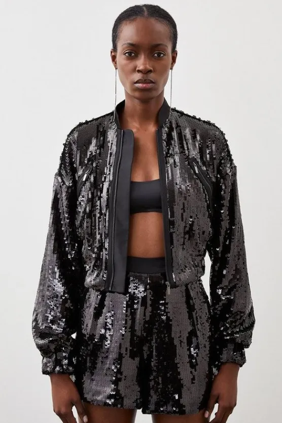 Karen Millen Sequin Woven Bomber Jacket black Fashion