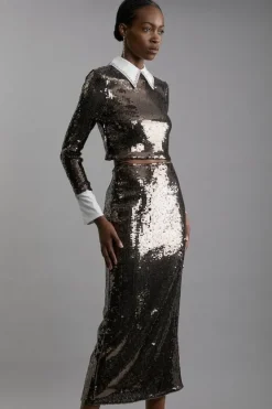 Karen Millen Sequin Woven Midi Skirt gunmetal Outlet