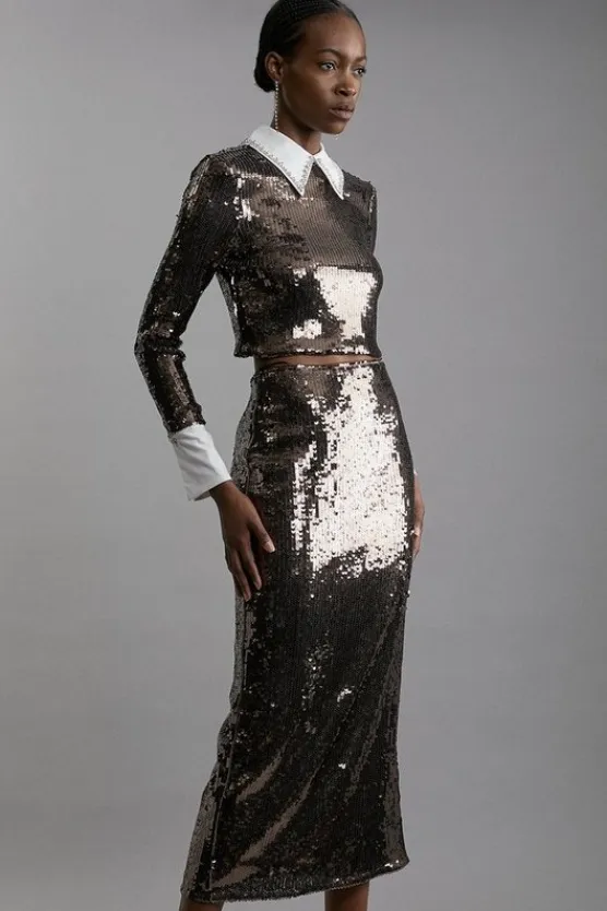 Karen Millen Sequin Woven Midi Skirt gunmetal Outlet