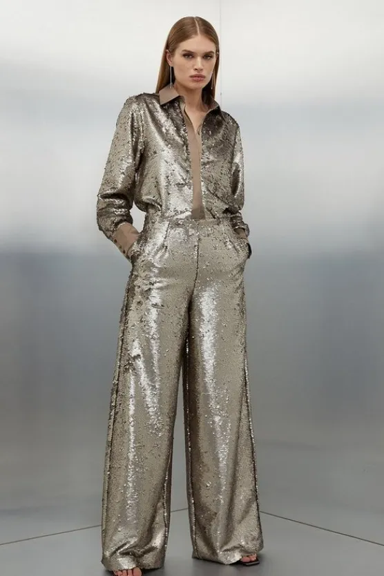Karen Millen Sequin Woven Wide Leg Pants silver Online