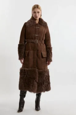 Karen Millen Shearling And Suede Mix Trim Detail Coat brown Hot