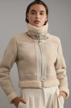 Karen Millen Shearling Crop Aviator Jacket cream Discount