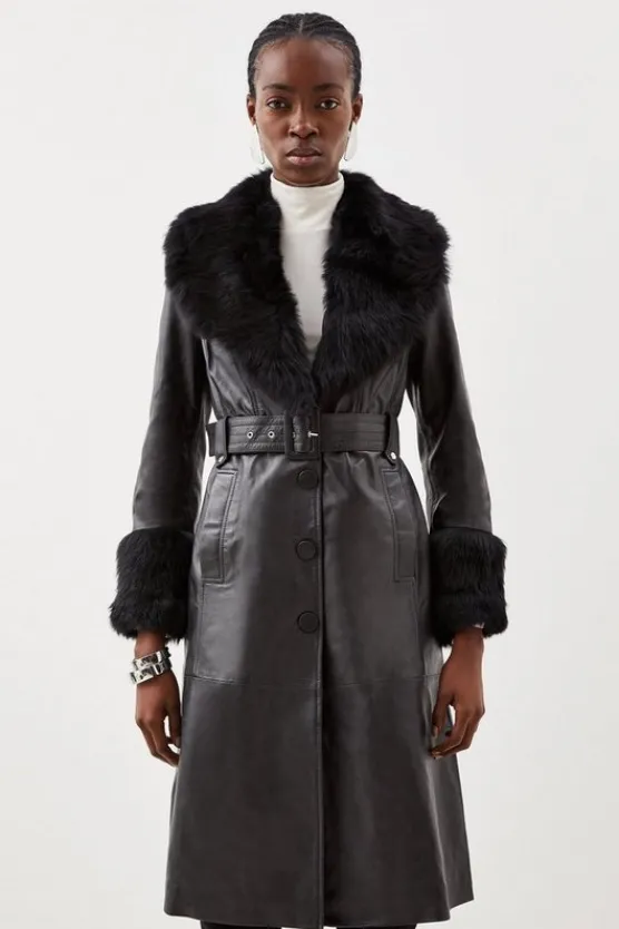 Karen Millen Shearling Cuff And Collar Leather Coat black Sale