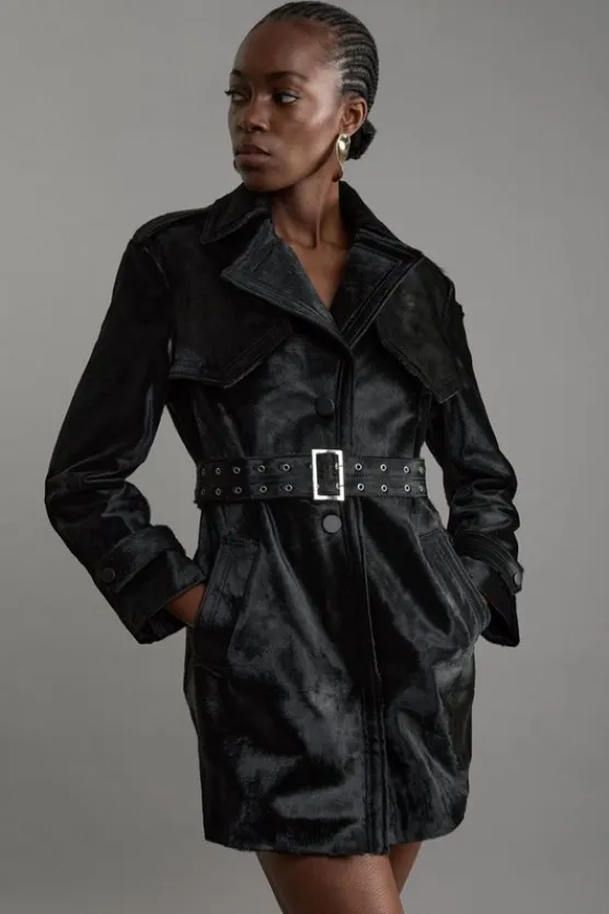 Karen Millen Shearling Eyelet Belted Short Trench Coat black Outlet