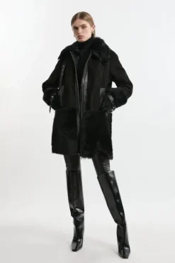 Karen Millen Shearling Longline Avaitor Coat black Online
