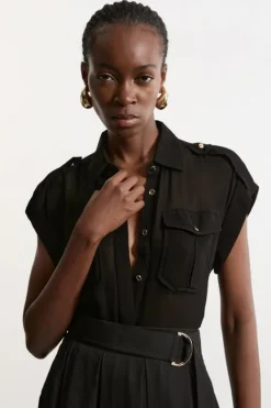 Karen Millen Sheer Viscose Georgette Woven Utility Blouse black Discount