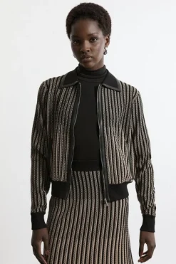 Karen Millen Shrunken Jacquard Knit JacketPu With Collar camel Discount