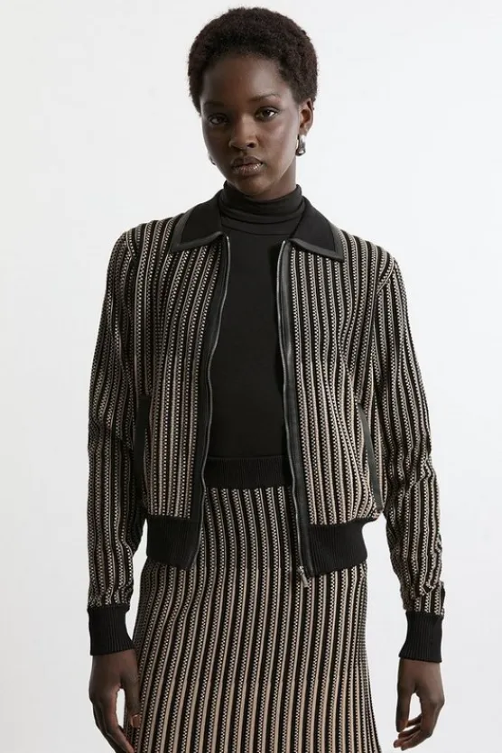 Karen Millen Shrunken Jacquard Knit JacketPu With Collar camel Discount