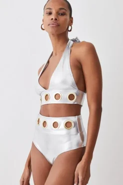 Karen Millen Lame Eyelet Detail Bikini Set silver Clearance
