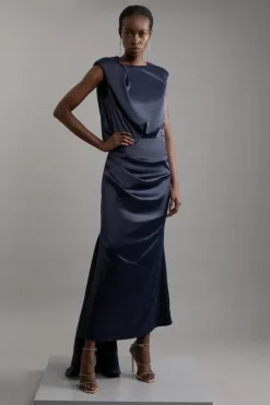 Karen Millen Sleeveless Satin Drape Woven Midaxi Dress navy Sale