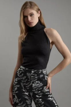 Karen Millen Sleeveless Viscose Blend Turtleneck Knit Sweater black Discount