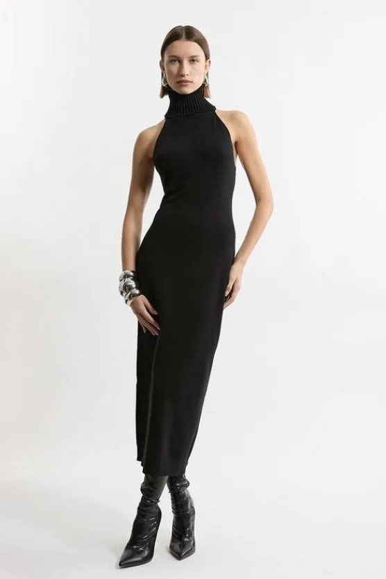 Karen Millen Sleeveless Viscose Blend Turtleneck Knit Midaxi Dress black Fashion