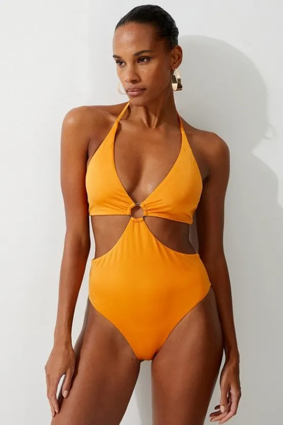 Karen Millen Slinky Cut Out Ring Detail Swimsuit orange Clearance