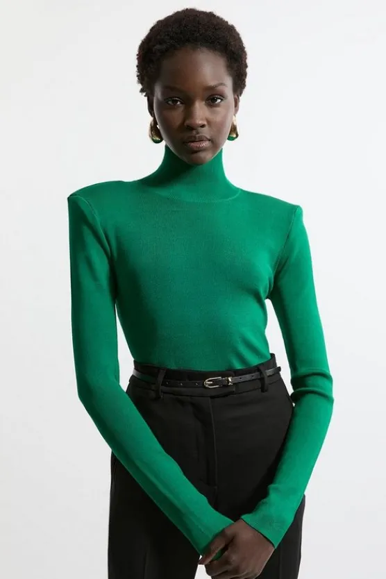 Karen Millen Slinky Drape Knit Power Shoulder Funnel Neck Top green Clearance