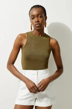 Karen Millen Slinky Knit Full Needle Racer Tank Top olive New